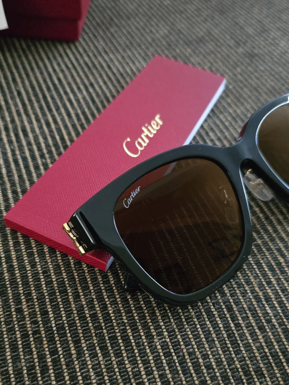 Cartier Black Frame Brown Lens Sunglasses with Red Box